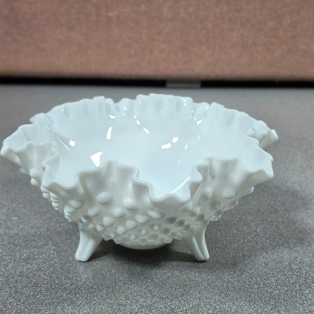 Fenton Hobnail Bowl Medium White Excellent Ruffled Crimped Milk Glass Footed